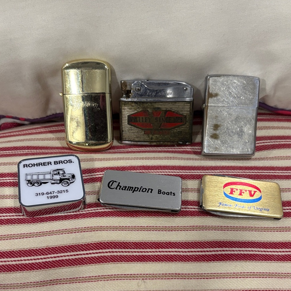 Vintage Lighter, money clip collection and advertising tape measure